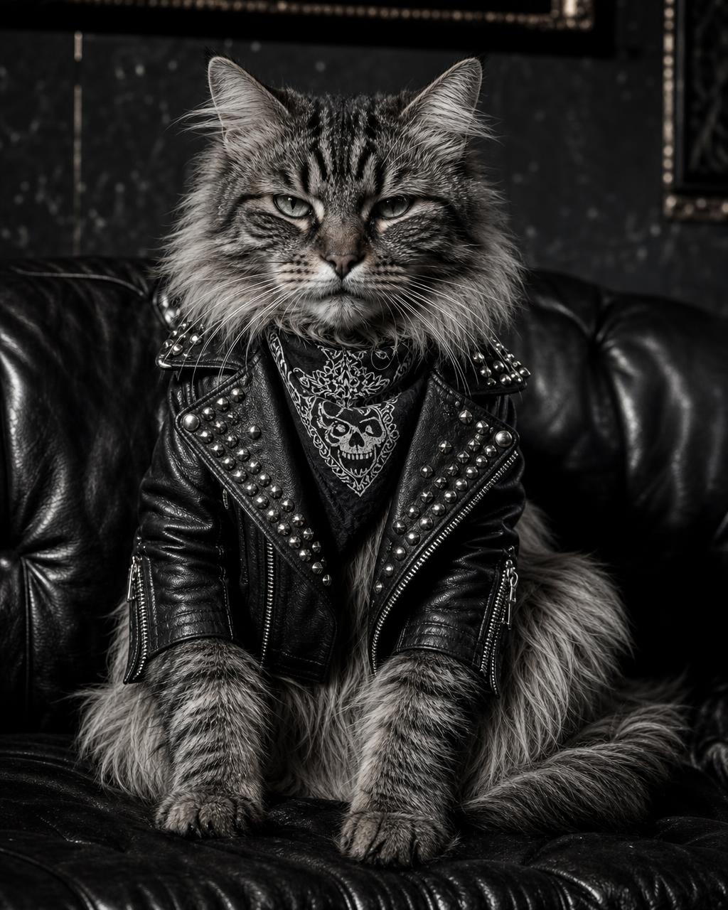 Longhair cat in a black leather jacket, bandana and silver cross