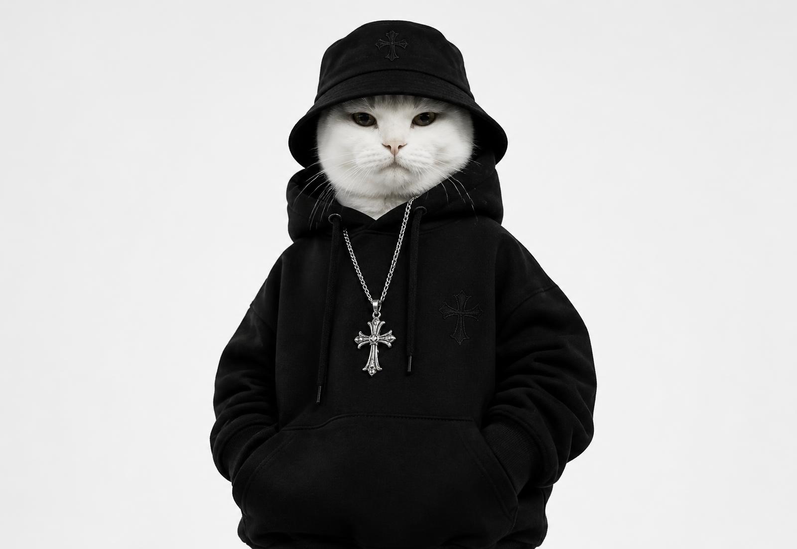 White cat in a black hoodie and bucket hat with a silver cross pendant